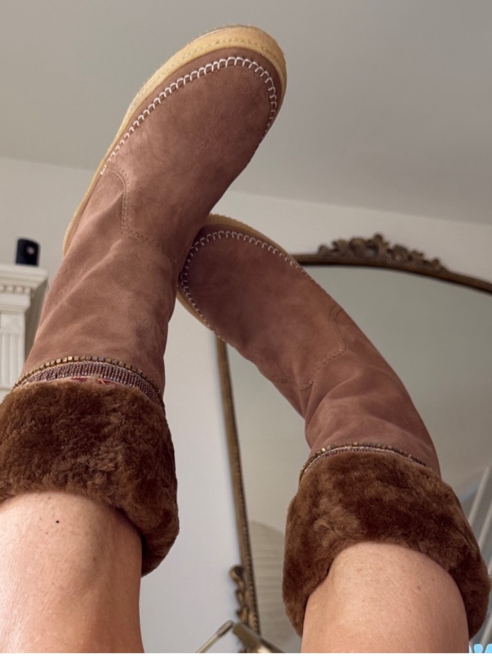 Free People Laidback London Brown Suede Shearling Trim Beadwork Boots 7 NWOT